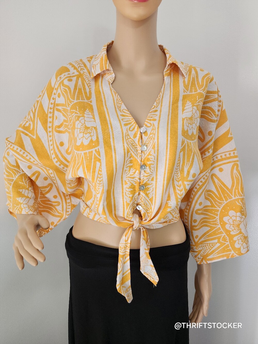 Yellow Linen Blend Tie Front Blouse